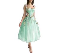 Beyonddress Damen 3D Blume Applique Abendkleider mit Stickerei Tüll Ballkleider Teelänge Formelle Party Kleider(B-Minze,36)