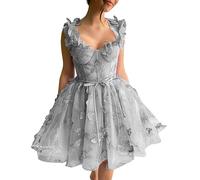 Beyonddress Damen 3D Schmetterlinge Tüll Abendkleider Spitzen Applique Kurz Ballkleid Sweetheart Cocktail Party Kleider(Silber,40)