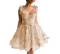 Beyonddress Damen 3D Schmetterlinge Tüll Abendkleider Spitzen Applique Kurz Ballkleid Sweetheart Cocktail Party Kleider(Champagne,34)