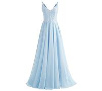 Beyonddress Damen V-Ausschnitt Abendkleider Elegant Chiffon Ballkleid Spitzen Applikationen Brautjungfernkleider Abschlussballkleid(Hellblau,38)