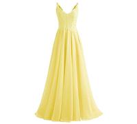 Beyonddress Damen V-Ausschnitt Abendkleider Elegant Chiffon Ballkleid Spitzen Applikationen Brautjungfernkleider Abschlussballkleid(Gelb,46)
