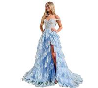 Beyonddress Funkelnd Tiered Tüll Ballkleider für Frauen Off Shoulder Korsett Spitze Lange Formale Abendkleider mit Schlitz(Hellblau,44)