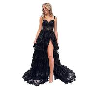 Beyonddress Funkelnd Tiered Tüll Ballkleider für Frauen Off Shoulder Korsett Spitze Lange Formale Abendkleider mit Schlitz(Schwarz,52)