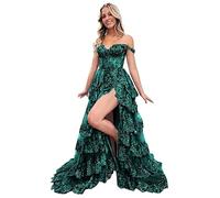 Beyonddress Funkelnd Tiered Tüll Ballkleider für Frauen Off Shoulder Korsett Spitze Lange Formale Abendkleider mit Schlitz(Pfau,42)