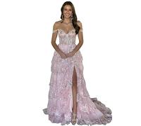 Beyonddress Funkelnd Tiered Tüll Ballkleider für Frauen Off Shoulder Korsett Spitze Lange Formale Abendkleider mit Schlitz(Rosa,34)