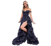 Beyonddress Funkelnd Tiered Tüll Ballkleider für Frauen Off Shoulder Korsett Spitze Lange Formale Abendkleider mit Schlitz(Navy Blau,32)