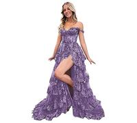 Beyonddress Funkelnd Tiered Tüll Ballkleider für Frauen Off Shoulder Korsett Spitze Lange Formale Abendkleider mit Schlitz(Wisteria,32)