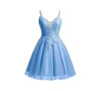 Beyonddress Lace Applique Abendkleider Kurz Tüll Funkelnde Abschlussball Kleid Spaghetti Straps Cocktail Kleider(Blau,52)
