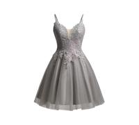 Beyonddress Lace Applique Abendkleider Kurz Tüll Funkelnde Abschlussball Kleid Spaghetti Straps Cocktail Kleider(Grau,40)