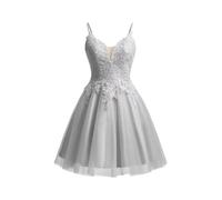 Beyonddress Lace Applique Abendkleider Kurz Tüll Funkelnde Abschlussball Kleid Spaghetti Straps Cocktail Kleider(Silber,38)
