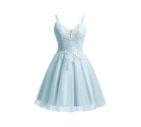 Beyonddress Lace Applique Abendkleider Kurz Tüll Funkelnde Abschlussball Kleid Spaghetti Straps Cocktail Kleider(Himmelblau,36)