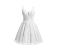 Beyonddress Lace Applique Abendkleider Kurz Tüll Funkelnde Abschlussball Kleid Spaghetti Straps Cocktail Kleider(Weiß,36)