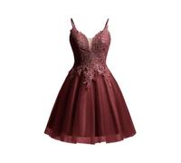 Beyonddress Lace Applique Abendkleider Kurz Tüll Funkelnde Abschlussball Kleid Spaghetti Straps Cocktail Kleider(Burgund,32)
