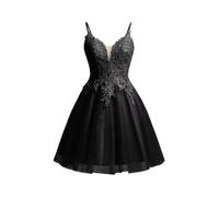 Beyonddress Lace Applique Abendkleider Kurz Tüll Funkelnde Abschlussball Kleid Spaghetti Straps Cocktail Kleider(Schwarz,36)