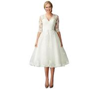 Beyonddress Langarm Brautkleid für Braut Kurz Brautkleider für Frauen Spitze Appliques Hochzeitsfeier mit Ärmeln Ballkleider(Elfenbein 04,36)