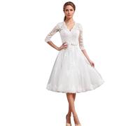 Beyonddress Langarm Brautkleider für Braut Tee Länge Spitze Applikationen Hochzeitskleid für Frauen Midi V-Ausschnitt Abendkleider C-Weiß,DE32