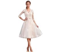 Beyonddress Langarm Brautkleider für Braut Tee Länge Spitze Applikationen Hochzeitskleid für Frauen Midi V-Ausschnitt Abendkleider C-Elfenbein,DE44