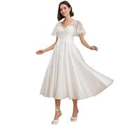 Beyonddress Midi Brautkleider für Braut Boho Spitze Applikationen Hochzeitskleider für Frauen Tüll V-Ausschnitt Abendkleider E-Elfenbein,DE46