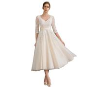 Beyonddress Midi Brautkleider für Braut Tee Länge Boho Spitze Hochzeitskleider für Frauen Tüll Abendkleider mit Ärmeln D-Elfenbein,DE38