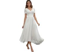 Beyonddress Midi Brautkleider mit Spitze Chiffon Hochzeitskleider Kurzarm AbendkleiderE-Weiß,DE38