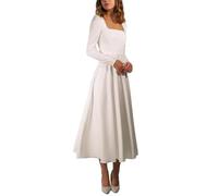 Beyonddress Satin Langarm Brautkleider für Braut Tee Länge Einfache Hochzeitskleider für Frauen Abendkleider K-Elfenbein,DE36