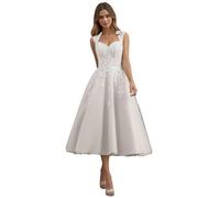 Beyonddress Spitze Stickerei Brautkleider Tee Länge Hochzeitskleid für Frauen Midi Abendkleider C-Elfenbein,DE48