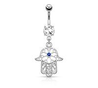 beyoutifulthings Bauch-nabelpiercing Set 1,6mm 10mm Hamsa 17 x 14,7mm Nabel-Piercing Chirurgenstahl Bananabell Zirkonia Farben Silber Clear Blau