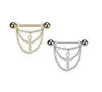beyoutifulthings Brustwarzen-piercing Gold Silber Dreier-Kette Pavé Kreuz Brust-piercing Intim-Piercing Nippel-piercing Chirurgenstahl Stab 16-mm