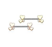 beyoutifulthings Brustwarzen-piercing SET Herzen Gold Roségold Zirkonia Clear Brust-piercing Nippel-piercing Intim-piercing Chirurgenstahl Stab 14-mm