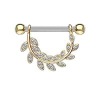 beyoutifulthings Brustwarzen-Piercing ZIRKONIA-BESETZTE BLÄTTER Brust-Piercing Nippel-Piercing Edelstahl Clear Gold 1,6mm 14mm
