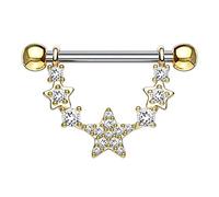 beyoutifulthings ZIRKONIA-Sterne Bogen Brustwarzen-Piercing Brust-Piercing Intim-Piercing Edelstahl Gold Clear Stab 1,6mm 14mm