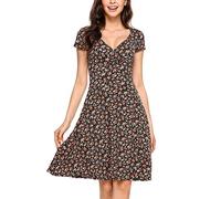 Beyove Damen Jersey Kleid Blumen Skaterkleid V-Ausschnitt Sommerkleider Muster Jerseykleid Sexy Kurz oder Langarm A-orange L