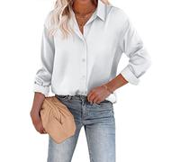 Beyove Damen Satinbluse Elegant Seide V-Ausschnitt Bluse Satin Hemden Langarm Business Oberteile mit Knöpfen Tops Lose Langarmshirt Weiß XXL