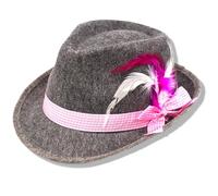BF Souvenirs bayerischer Party Hut Trachtenhut ROSI grau mit weißer & rosa Feder Fendora - Bayern Tirol Oktoberfest Fasching Karneval Party Tracht Hüttenparty Volksfest
