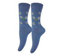 BF Souvenirs Stilvolle Alpen Socken für Damen & Kinder mit Edelweiß Motiv - dezentes Blumenmotiv im Landhausstil - weiche Baumwollsocken - Tracht Natur- & Bergliebhaber Trachtensocken (31-34, Blau)