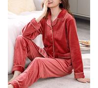 BGNHJ Damen Pyjama-Set,Hellrot Weicher Fleece Pyjama Damen Coral Fleece Cardigan Nachtwäsche Langarm Nachtwäsche Mit Taschen Dick Warmhalten Loungewear Pj Set Für Damen,S