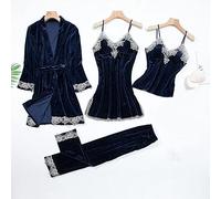BGNHJ Damen Pyjama-Set,Sexy Navy Fleece Pyjama Damen Gold Samt 4Pcs Nachtwäsche Langarm Nachtwäsche Lace Sling Nachthemd Mit Brustpolster Loungewear Pj Set Für Damen,M