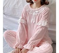 BGNHJ Damen Pyjama-Set,Weicher Fleece Pyjama Damen Rosa Flanell Spitze Rundhals Pullover Nachtwäsche Langarm Top Und Unterteile Nachtwäsche Dicke Loungewear Pj Set Für Damen,S