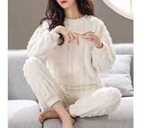 BGNHJ Pijamas Woman Set,Warmer Fleece-Pyjama Damen Winter-Pyjama-Set Weiß Flanell Rundhals-Pullover Langarm-Oberteil Unterteile Comfy Classic Thermal Homewear,M