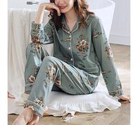 BGNHJ Schlafanzug Damen,Blumenmuster Baumwolle Damen Pyjama Set Blaugrün Strickjacke Nachtwäsche Langarm Top Und Unterteile Casual Nachtwäsche Loungewear Pyjama Für Damen,M