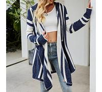 BGNHJ Strickjacke Damen,Lässig Blau Damen Streifen Unregelmäßige Strickjacke Mit Kapuze Ultra-Weich Offene Front Pullover Langarm Warme Oberbekleidung Jacke Mantel,M