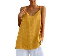 BH rückenfrei Tanktop Damen top mit integriertem Einfarbig Leinen Rundhals Spaghetti locker Cami Tunika（Gelb, XXL
