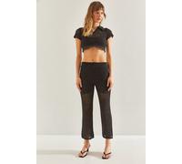 Bianco Lucci Strick-Set: strukturiertes Crop-Top und weit geschnittene Hose - Schwarz S/M