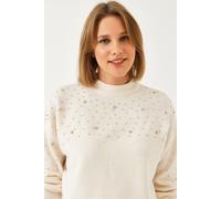 Bianco Lucci Strukturierter bestickter Pullover mit Rundhalsausschnitt - Beige S/M