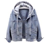 BIBOKAOKE Damen Jeansjacke Mit Kapuze - Leichte Denimjacke Mit Großer Brusttasche Und Knopfleiste | Bequeme Übergangsjacke Für Alltag Und Freizeit