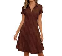 BIBOKAOKE Damen Kleid Mit Streifenmuster Und Hemdkragen - Schlichtes Knielanges Shirt-Dress Mit Kurzen Ärmeln | Gestreiftes Poloshirt-Kleid Für Büro Und Café