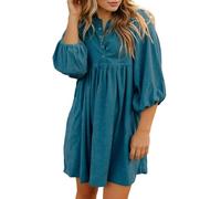 BIBOKAOKE Damen MidiKleid aus Cord mit Knopfleiste und Puffärmeln - Weites einfarbiges Kleid mit V-Ausschnitt | Lässiges bequemes cordrock für Alltag und Freizeit