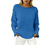 BIBOKAOKE Damen Strickpullover mit Rundhalsausschnitt - Lockeres einfarbiges Oberteil mit Langen Ärmeln | Bequeme Alltags Bluse für lässige Outfits