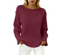 BIBOKAOKE Damen Strickpullover mit Rundhalsausschnitt - Lockeres einfarbiges Oberteil mit Langen Ärmeln | Bequeme Alltags Bluse für lässige Outfits