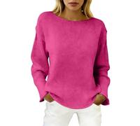 BIBOKAOKE Damen Strickpullover mit Rundhalsausschnitt - Lockeres einfarbiges Oberteil mit Langen Ärmeln | Bequeme Alltags Bluse für lässige Outfits